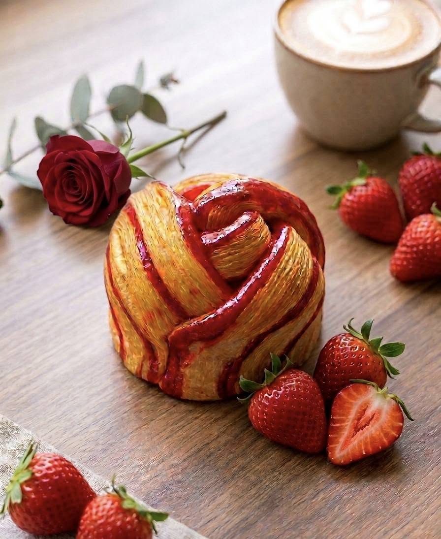 Brioche tressée en forme de rose, glaçage à la fraise — PLP Pâtisserie