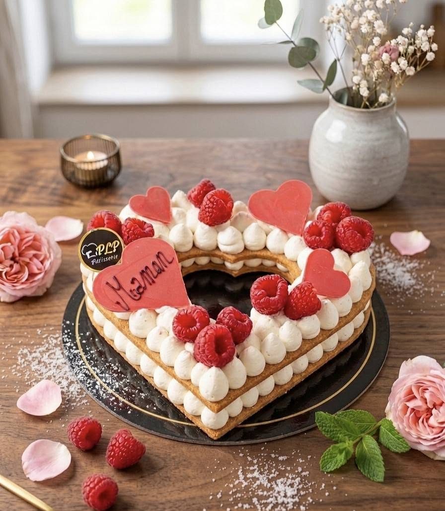 Gâteau cœur personnalisé aux framboises — PLP Pâtisserie