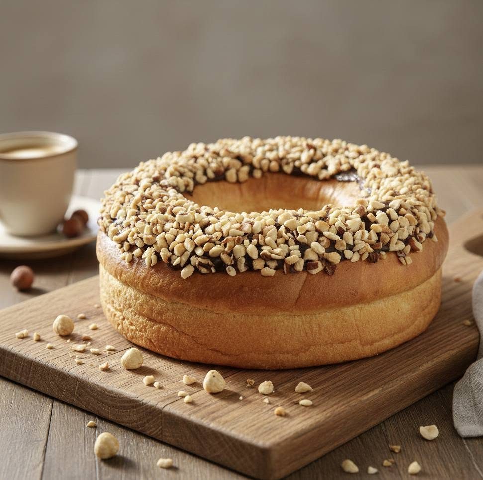 Couronne briochée aux noisettes servie avec un café — PLP Pâtisserie